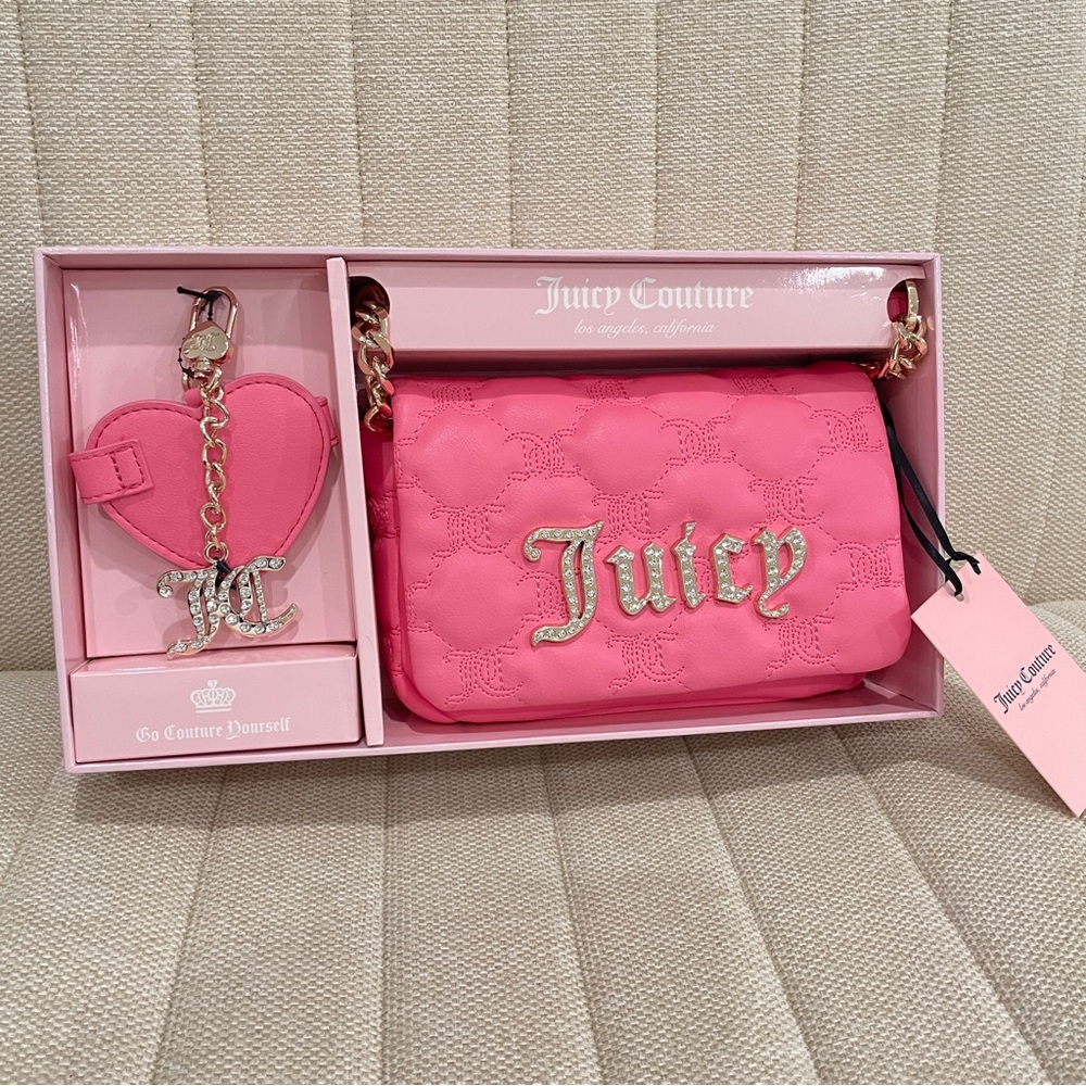 NEW Juicy Couture Pink Quilted Crossbody Bag Rhinestone Logo Mirror Keychain Set